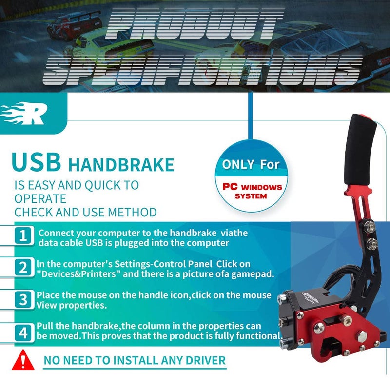 CNRAQR PC Racing Game USB Handbrake for 16Bit SIM for Racing Games, Compatible with G27 G29 G920 G923 T500 T300 Simulate Linear Handbrake Red（With Fixing Clip and Plate - Image 2
